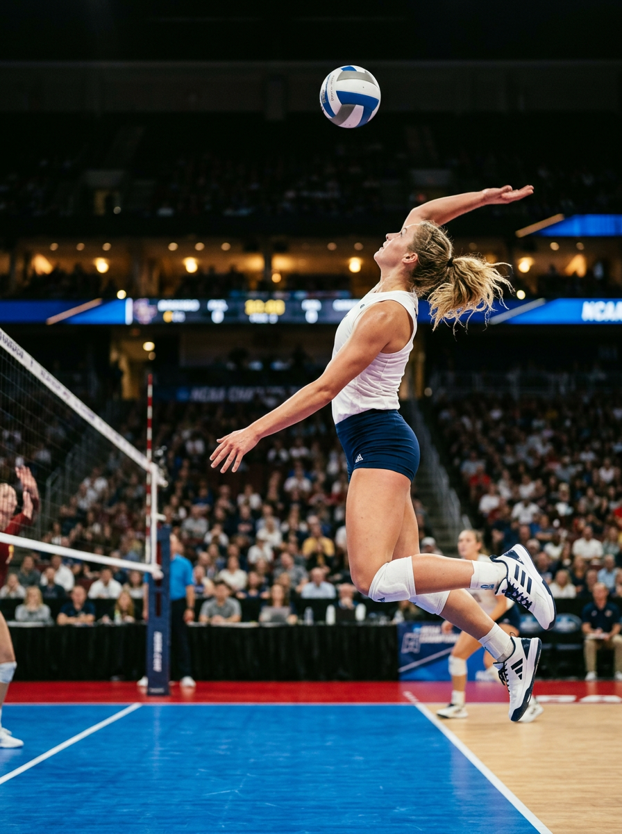 Volleyball athlete in midair during a jump serve