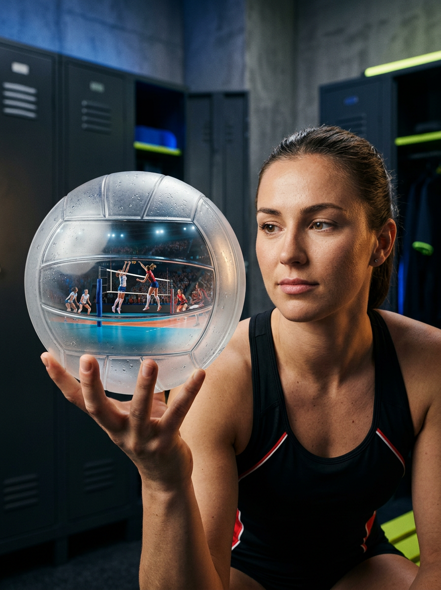 Volleyball player holding a glass volleyball containing a live match